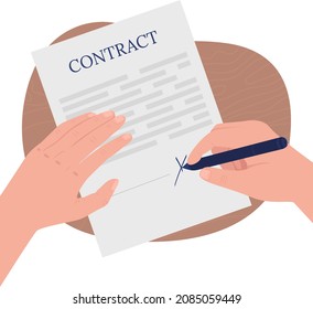 Writing on contract flat color vector illustration. Hand putting sign on business paper, on license sheet. Writing on official legal documents 2D cartoon first view hand with abstract background