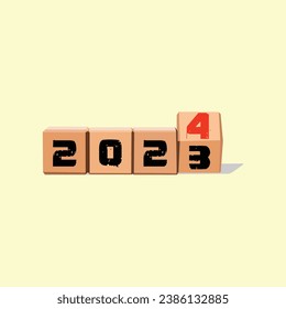 The writing on the cube changes from 2023 to 2024 on a light yellow background