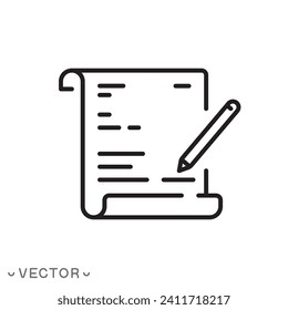 writing on paper sheet icon, content letter, creation book, writer or journalist, thin line symbol isolated on white background, editable stroke eps 10 vector illustration