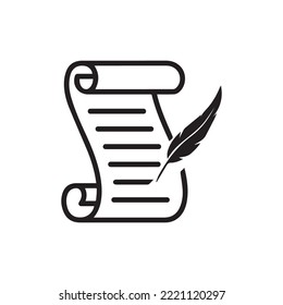 Writing on scroll with quill pen or historical line art vector icons for games and websites