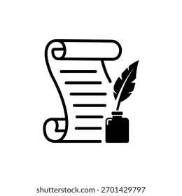 Escrevendo no pergaminho com caneta quill ou ícones de vetor de arte de linha histórica para jogos e sites