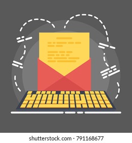 Writing on Yellow keyboard vector illustration, flat cartoon workplace concept , workplace front view, journalist author workspace.