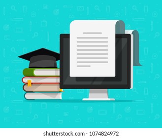 Writing online essay content or diploma vector illustration, flat cartoon study concept and text document on pc screen, idea of studying, internet learning or education, electronic courses