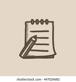 Writing pad and pen vector sketch icon isolated on background. Hand drawn Writing pad and pen icon. Writing pad and pen sketch icon for infographic, website or app.
