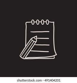 Writing pad and pen vector sketch icon isolated on background. Hand drawn Writing pad and pen icon. Writing pad and pen sketch icon for infographic, website or app.