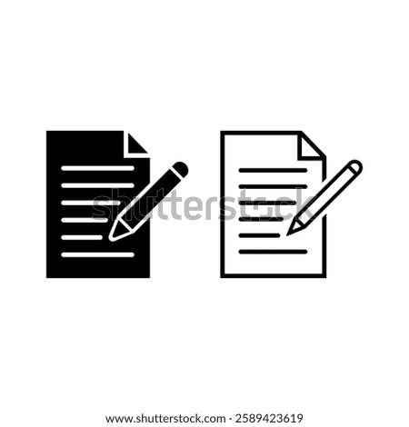 Writing pad vector icon. isolated transparent, Paper with pencil, note and form business contract. Black outline and filled version
