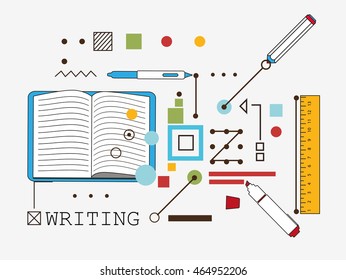 Writing pan and notebook line flat vector illustration