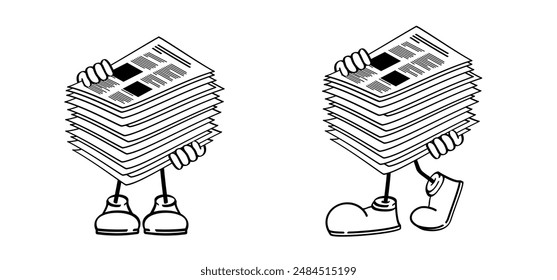 Writing paper. Cartoon, comic mascot empty A4 or A3 copy paper, stacked paper. Flat paper stack. Document, paperwork. Stationery stacked papers. Pile papers, filePrintouts, hardcopy documents. 