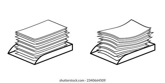 Writing paper and letter tray. Trays for papers. Cartoon empty copy paper, stacked papers. Flat paper stack. Document, paperwork. Pile papers, file. Printouts, hardcopy documents. 