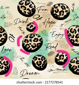 writing pattern. brown leopard skin pattern in circle with text and stripes around it grunge textured color background