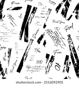 Writing pattern with hand drawn art brush art background elements in black and white colors. Lettering and handwritten pattern design vector