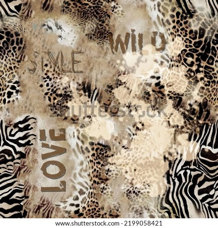 writing pattern. seamless animal, zebra, tiger and leopard skin lettering pattern. brown grunge textured abstract art textile background