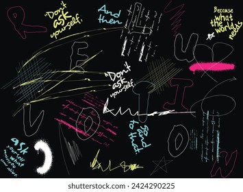 Writing pattern. Seamless pattern of heart, handwritten and lettering with black and white background. Abstract art lettering design, textile print illustration, eps8