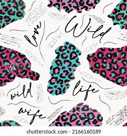 writing pattern. striped, colorful leopard skin and hand lettering pattern on white background texture
