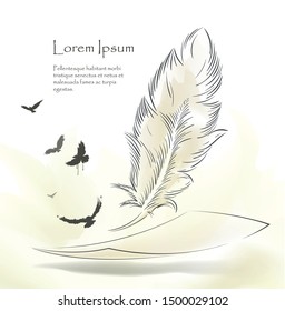 writing pen feather with flying birds open book