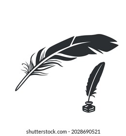 Writing pen. Writing pen in inkwell. Black and white illustration on white background.