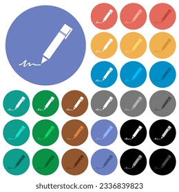 Writing pen multi colored flat icons on round backgrounds. Included white, light and dark icon variations for hover and active status effects, and bonus shades.