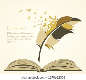writing pen multicolored feather with flying birds open book