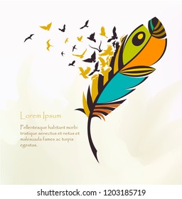 writing pen multicolored feather with flying birds