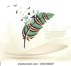 writing pen multicolored feather with flying birds open book