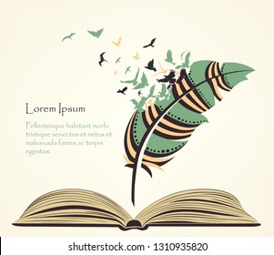 writing pen multicolored feather with flying birds open book