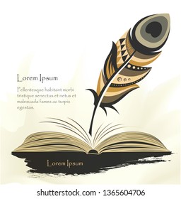 writing pen multicolored feather with flying birds open book