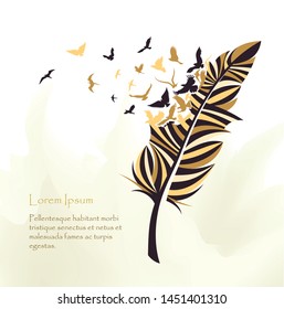 writing pen multicolored feather with flying birds