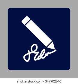 Writing Pen vector icon. Style is flat rounded square button, white and dark blue colors, silver background.