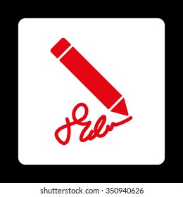 Writing Pen vector icon. Style is flat rounded square button, red and white colors, black background.
