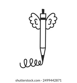 Writing Pen with Wings Doodle Icon. Writer Education Drawing Symbol. Outline vector illustration