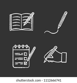 Writing with pencil chalk icons set. Copy book, drawing, to do list, hand holding pencil. Isolated vector chalkboard illustrations