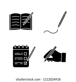 Writing with pencil glyph icons set. Copy book, drawing, to do list, hand holding pencil. Silhouette symbols. Vector isolated illustration