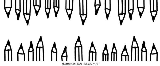 Writing with a pencil, line pattern. Happy word pencil day. Teachers day. Write draw brushes. Pen sign  or symbol. Draw brushes. Drawing cartoon hand copy space symbol or icon. Crayons, crayon banner.