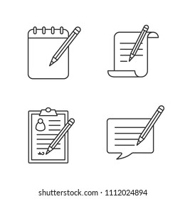 Writing with pencil linear icons set. Paper scroll, notepad, signed document, writing message. Thin line contour symbols. Isolated vector outline illustrations