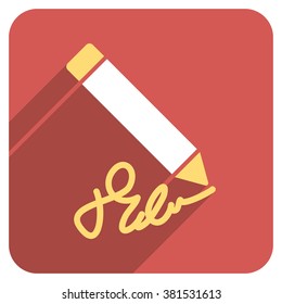 Writing Pencil long shadow vector icon. Style is a flat symbol on a red rounded square button.