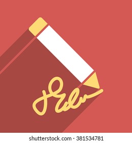 Writing Pencil long shadow vector icon. Style is a flat light symbol on a red square background.