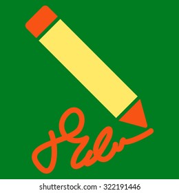 Writing Pencil vector icon. Style is bicolor flat symbol, orange and yellow colors, rounded angles, green background.