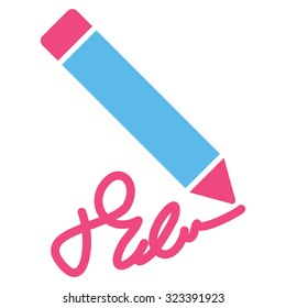 Writing Pencil vector icon. Style is bicolor flat symbol, pink and blue colors, rounded angles, white background.