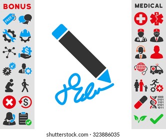 Writing Pencil vector icon. Style is bicolor flat symbol, blue and gray colors, rounded angles, white background.