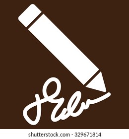 Writing Pencil vector icon. Style is flat symbol, white color, rounded angles, brown background.