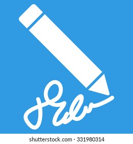 Writing Pencil vector icon. Style is flat symbol, white color, rounded angles, blue background.