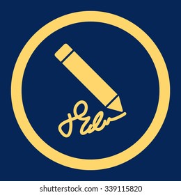 Writing Pencil vector icon. Style is flat rounded symbol, yellow color, rounded angles, blue background.