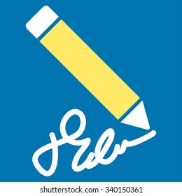 Writing Pencil vector icon. Style is bicolor flat symbol, yellow and white colors, rounded angles, blue background.
