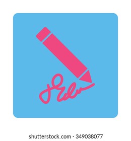 Writing Pencil vector icon. Style is flat rounded square button, pink and blue colors, white background.