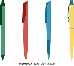 Writing pens. A set of four ballpoint pens. Colored pens