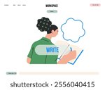 Writing people, modern flat vector concept illustration- sitting woman thoughtfully writing on notebook, bubble near head Metaphor for reflection, personal insight, contemplation, creative expression