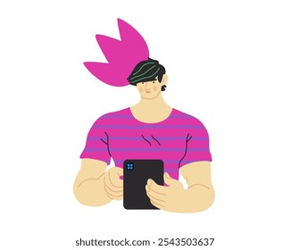 Writing people, modern flat vector concept illustration- standing man thoughtfully writing on tablet, bubble near head Metaphor for reflection, personal insight, contemplation, creative expression