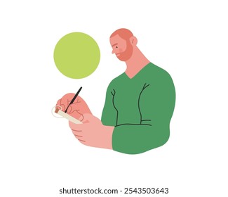 Writing people, modern flat vector concept illustration- standing man thoughtfully writing on notebook, bubble near head Metaphor for reflection, personal insight, contemplation, creative expression