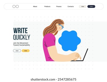 Writing people, modern flat vector concept illustration- sitting woman thoughtfully writing on laptop, bubble near head Metaphor for reflection, personal insight, contemplation, creative expression