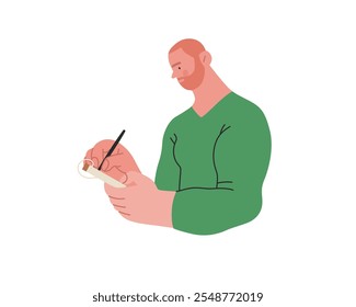 Escrevendo pessoas, ilustração de conceito de vetor plano moderno - homem de pé cuidadosamente escrevendo no notebook. Metáfora para reflexão, percepção pessoal, contemplação, expressão criativa